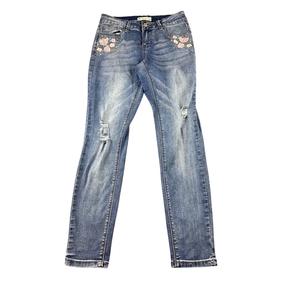 Angel Kiss Jeans Juniors 9 Blue Skinny Distressed Floral Rose Embroidered Boho
